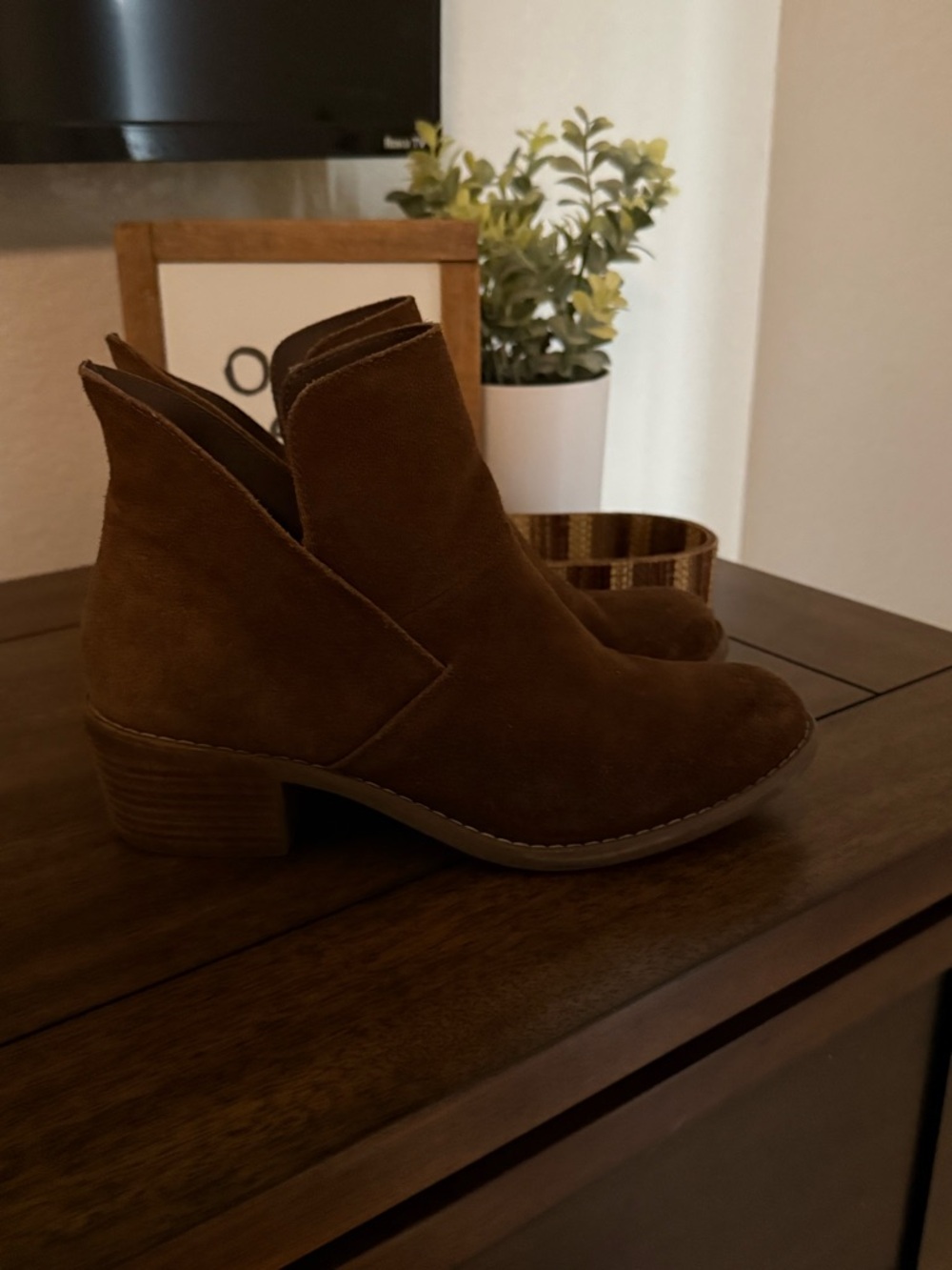 me too Brown Suede Ankle Booties with Low Heel